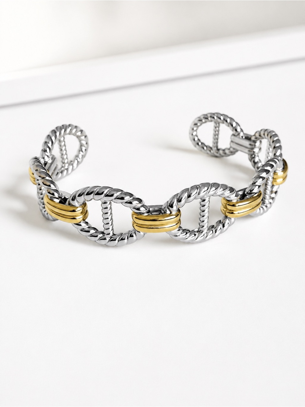 Two-Tone Silver and Gold Link Cuff Bracelet